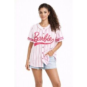 Barbie ICON Pink Pinstripe Baseball Jersey Women’s Large ButtonUp Streetwear Y2K
